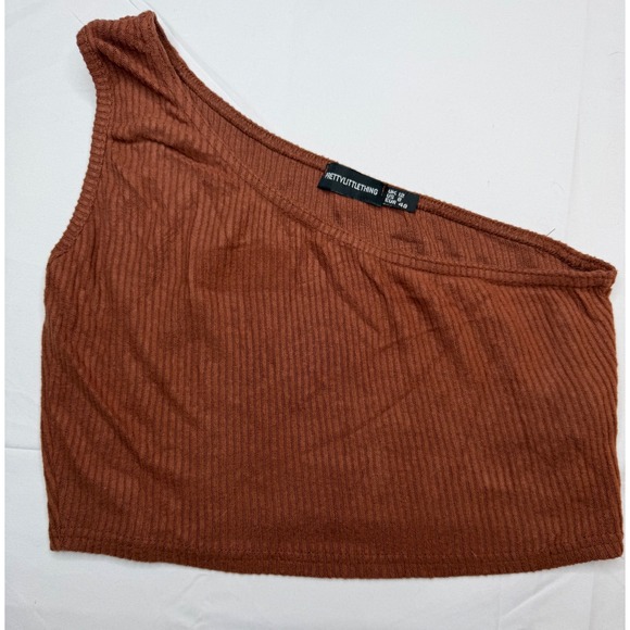 PrettyLittleThing Tops - PrettyLittleThing One Shoulder Ribbed Crop Top Brown Stretch Asymmetrical US 8